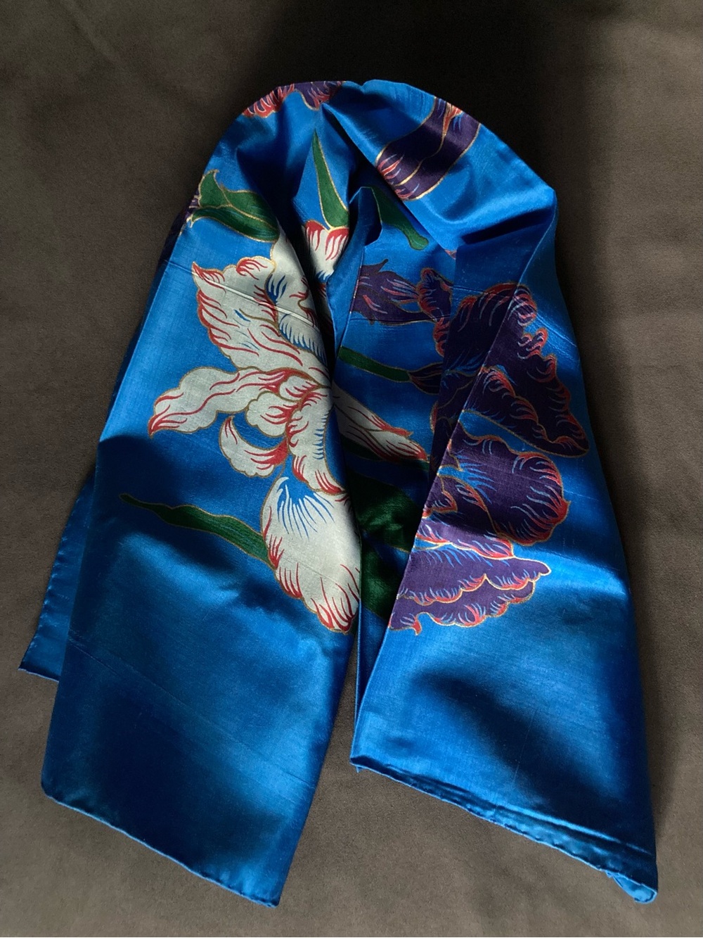 100% Thai Silk Vibrant Blue Floral Iris Scarf Wrap